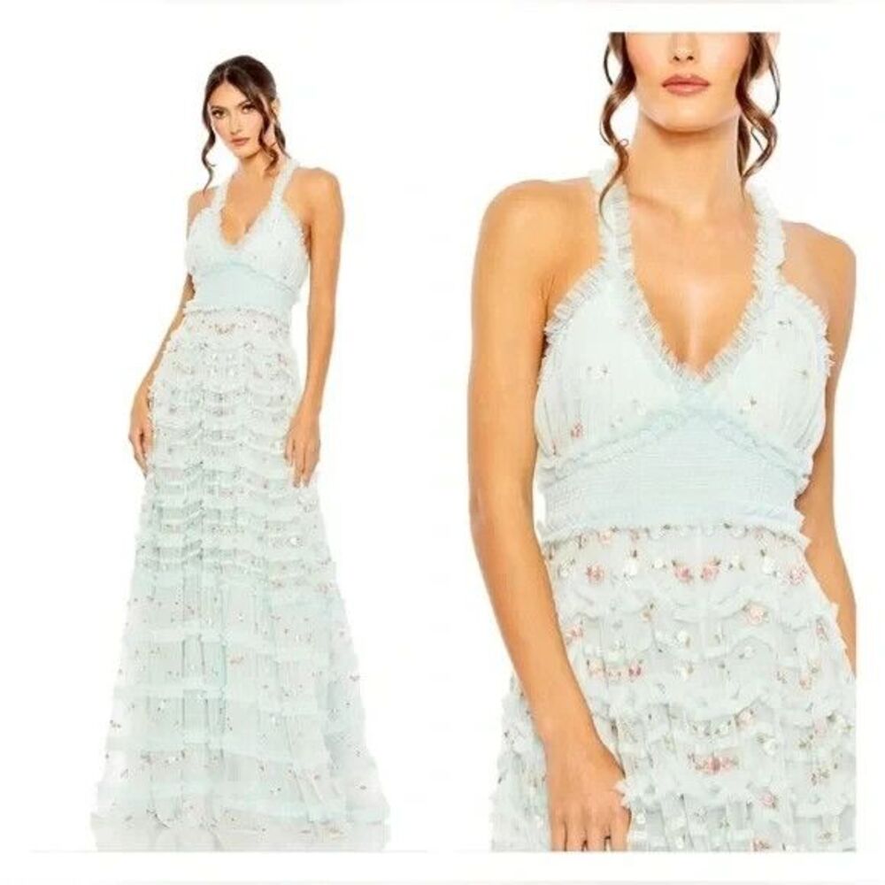 NWT $798 Mac Duggal 8037 Halter Neckline Ruffle Floral Gown Blue NWT